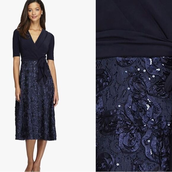 Alex Evenings Petite Lace & Jersey Cocktail Full Rosette Lace Skirt Tie NWT $219 - Picture 1 of 10